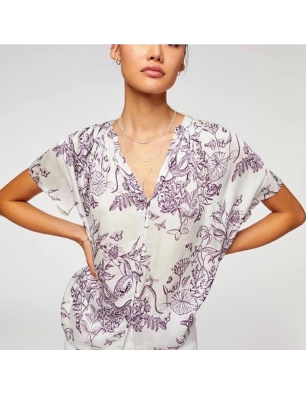 7 For All Mankind Floral Toile Butterfly Short Sleeve Button-Down Shirt